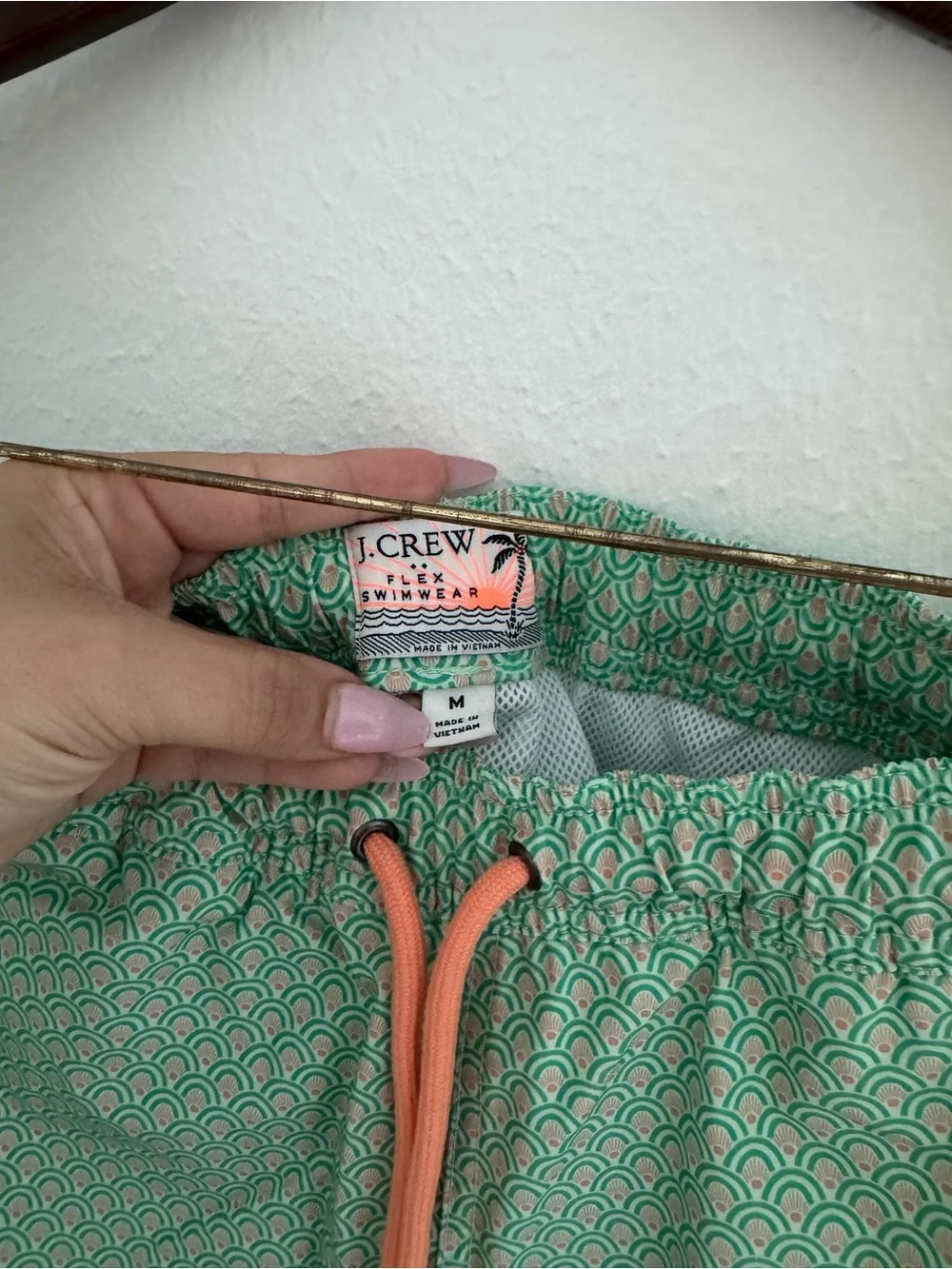 J. Crew Mint Green Scallop Swim Shorts with Coral Drawcord